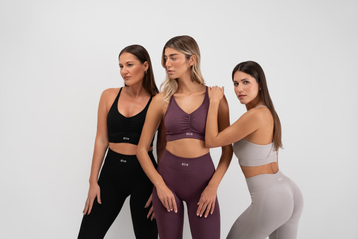 Être Active Fit premium sportska kolekcija - crni, plum i beige sportski grudnjaci i tajice visokog struka, ženska fitness odjeća